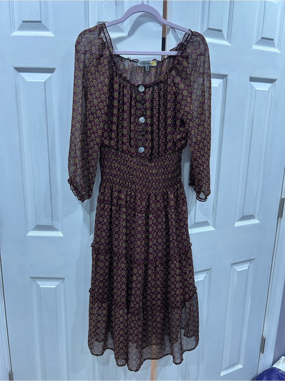 Tiered Floral Midi Dress in Burgundy with Smocked Waist